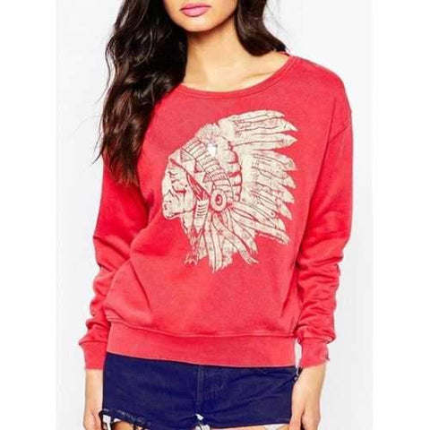 Chic Scoop Neck Figure Print Long Sleeve Sweatshirt For Women - Red S