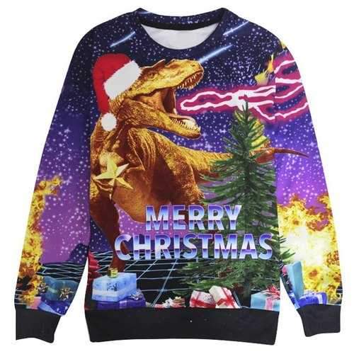 Stylish Round Collar Long Sleeve Dinosaur Print Women's Christmas Sweatshirt - Purple L