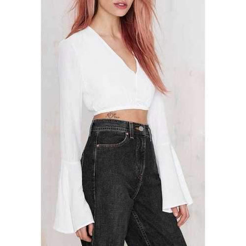 Trendy V-Neck Long Bell Sleeve White Women's Chiffon Crop Top - White L