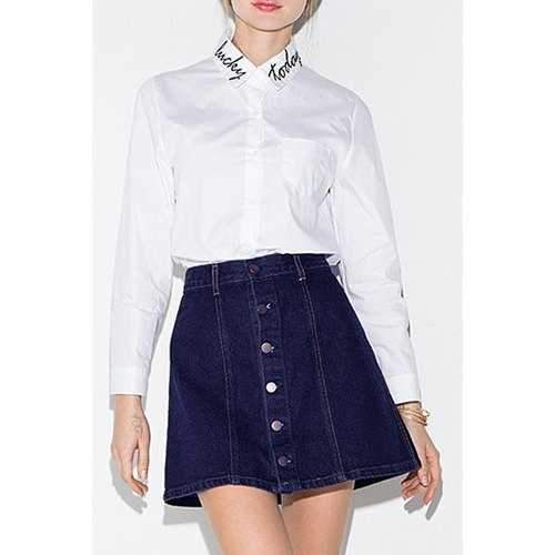 Fashion Shirt Collar Long Sleeve Letter Print Women's Shirt - White Xs