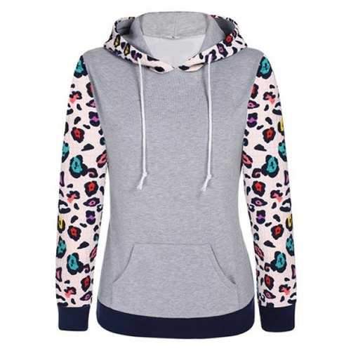 Casual Hooded Leopard Spliced Long Sleeve Hoodie For Women - Gray M