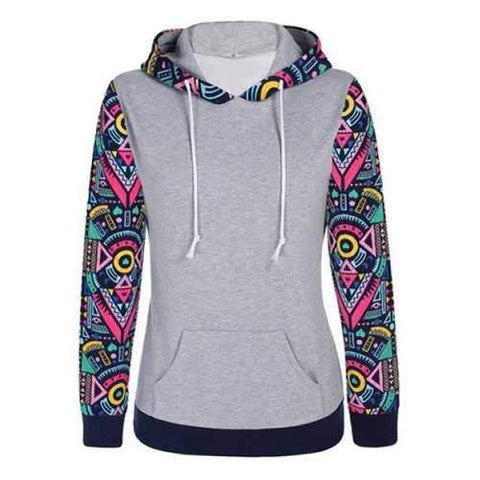 Casual Hooded Geometrical Spliced Long Sleeve Hoodie For Women - Gray L