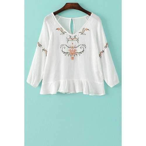 Stylish V-Neck 3/4 Sleeve Embroidery Back Cut Out Women's Blouse - White S