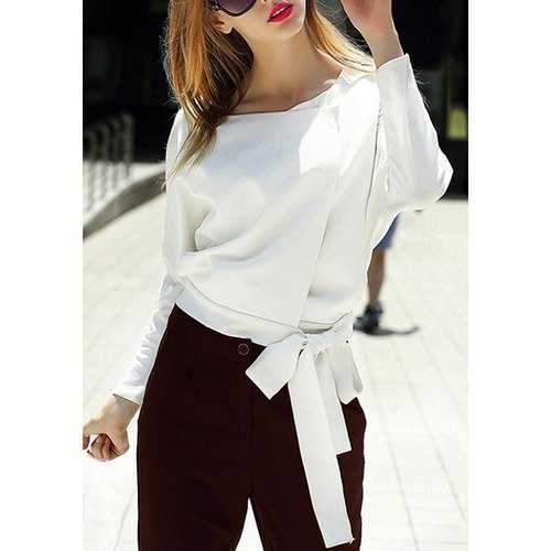 Stylish Scoop Neck Batwing Sleeve Self-Tie Bowknot Sweatshirt For Women - White S