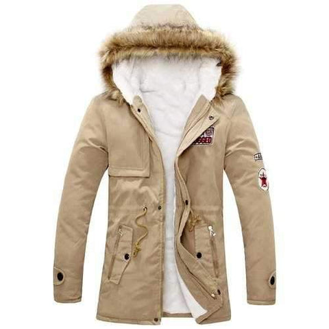 Slim Fit Long Sleeve Zipper Emblem Decorated Fur Collar Hooded Parka Coat For Men - Khaki M