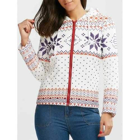 Fleece Hooded Snowflake Printed Christmas Hoodie - White S