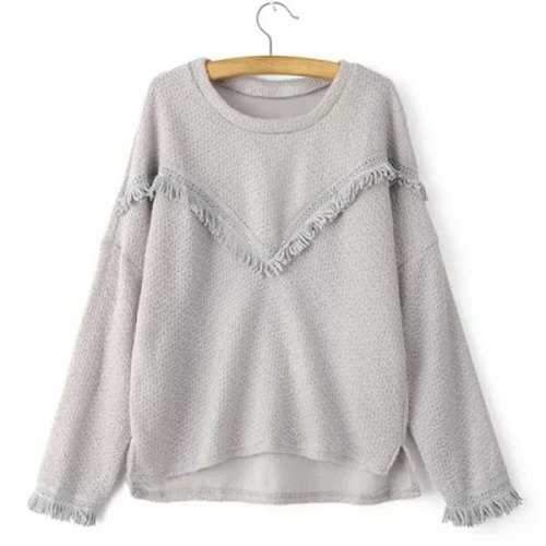 Stylish Women's Round Neck Long Sleeve Fringed Sweatshirt - Gray L