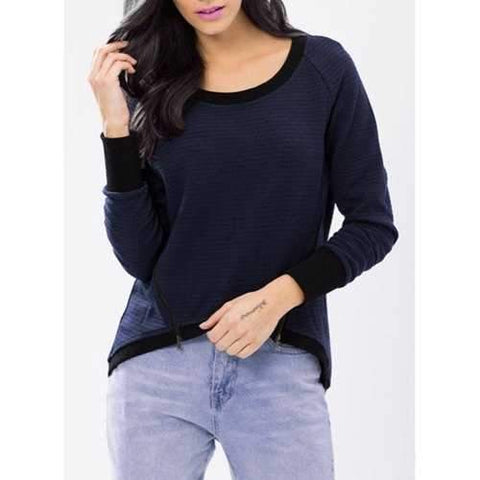 Chic Scoop Neck Long Sleeve Spliced Zippered Women's Sweatshirt - Navy Blue M