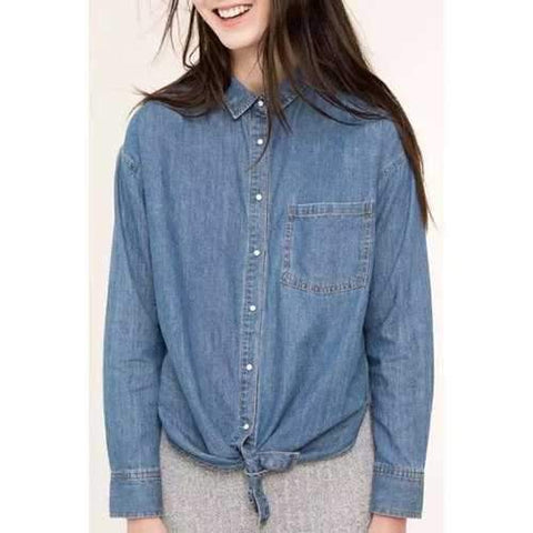 Stylish Turn Down Collar Long Sleeves Blue Denim Women's Shirt - Blue S