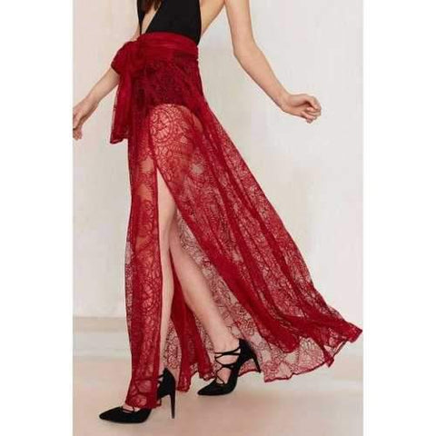 Stylish High Waisted Red Lace See-Through Women's Skirt - Red S