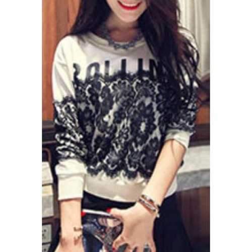 Stylish Scoop Neck Long Sleeve Lace Spliced Letter Pattern Women's Sweatshirt - White Xl