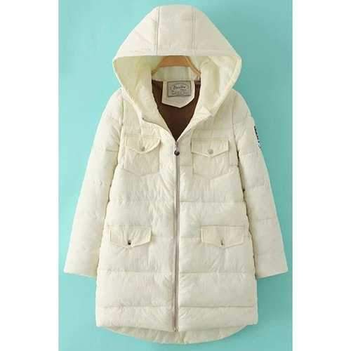 Trendy Hooded Long Sleeve Pockets Design Appliqued Women's Quilted Coat - Off-white L