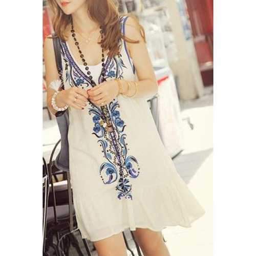 Stylish Plunging Neck Retro Embroidery Women's Tank Dress - White S