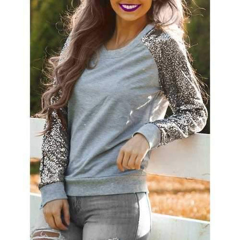 Trendy Jewel Neck Long Sleeve Sequined Sweatshirt For Women - Gray S