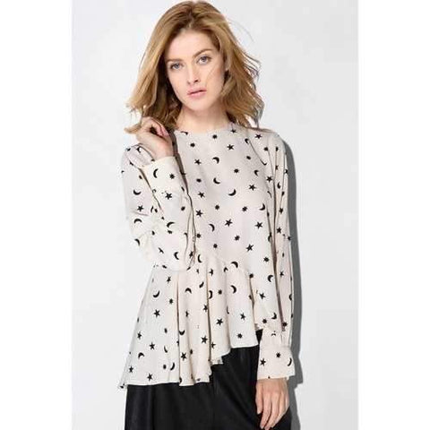 Stylish Round Neck Long Sleeve Star Print Women's Blouse - Off-white S