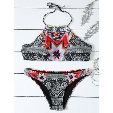 Halter High Neck Geometrical Print Boho Bikini Set - Black M