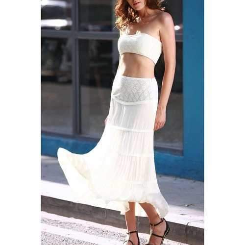 Tuve-Top and Maxi Skirt Two Piece Prom Maxi Dress - White S