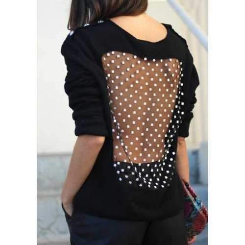 Sexy Round Neck Long Sleeve See-Through Loose Sweatshirt For Women - Black M