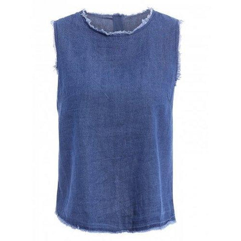 Stylish Round Neck Sleeveless Frayed Denim Crop Top For Women - Blue M