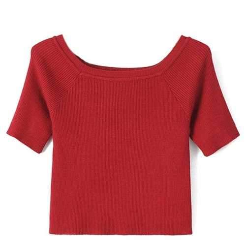 Sweet Off The Shoulder Candy Color Half Sleeve Crop Top For Women - Wine Red S