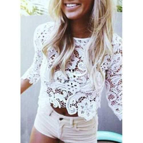 Chic Round Neck 3/4 Sleeve Cut Out Women's Lace Crop Top - White One Size(fit Size Xs To M)