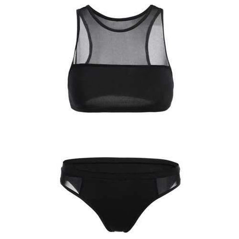 See-Through Crop Top Sheer Bathing Suit - Black M