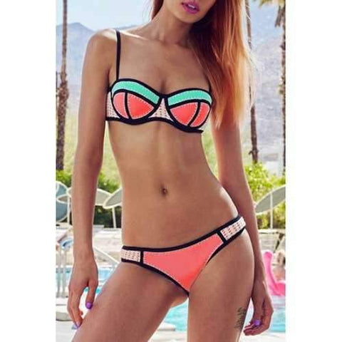 Ethnic Style Spaghetti Strap Ombre Bikini Set For Women - Watermelon Red Xl