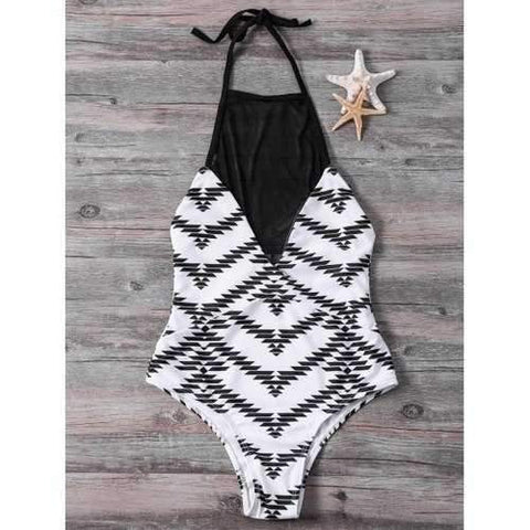 Stylish High Collar Mesh Splicing Zig Zag One-Piece Swimwear For Women - White L