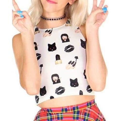 Chic Round Neck Lip and Kitten Print Crop Top For Women - White One Size(fit Size Xs To M)