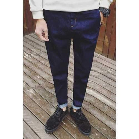 Fashion Zip Fly Middle-rise Blue Narrow Feet Jeans For Men - Blue L