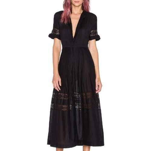 Stylish V-Neck Rolled Sleeve Button-Down Combined Lace Women's Dress - Black L