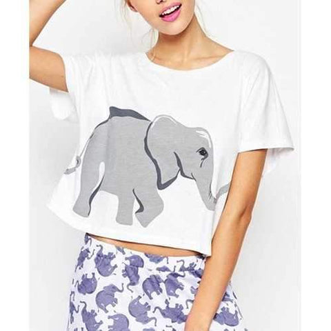 Chic Scoop Neck Short Sleeve Elephant Print Crop Top For Women - White L