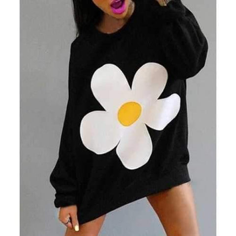 Stylish Round Neck Long Sleeve Flower Pattern Loose Sweatshirt For Women - Black M