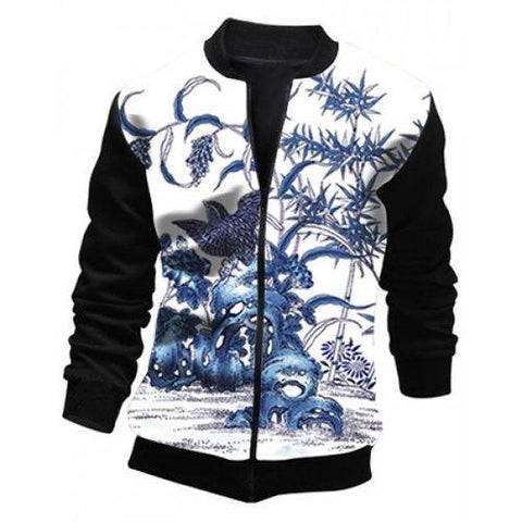 Stand Collar Rib Cuffs Floral Print Bird Pattern Long Sleeve Men's Jacket - Black 2xl