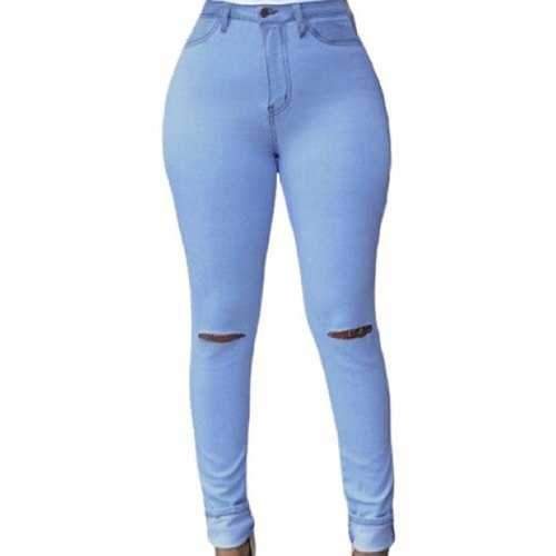 Chic High-Waisted Hole Design Bodycon Women's Jeans - Light Blue L