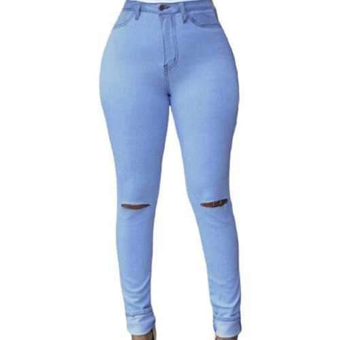 Chic High-Waisted Hole Design Bodycon Women's Jeans - Light Blue L