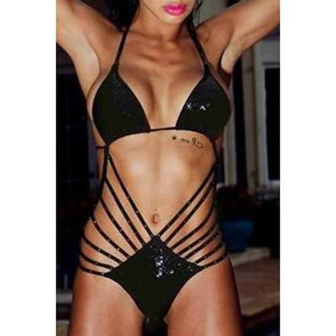 Halter Sequins Strappy Monokini One-Piece Swimwear - Black S