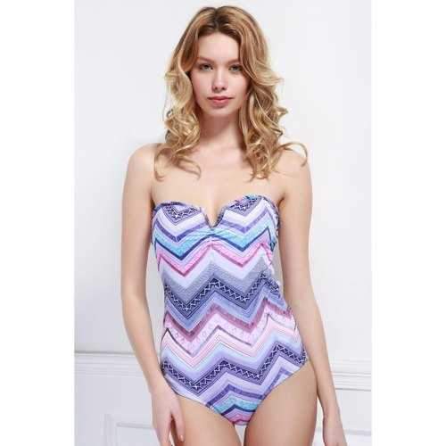 Strapless Criss Cross Printed One Piece Monokini Swimsuit - L