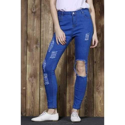 Cut Out Frayed Knee Cigarette Jeans - Blue M