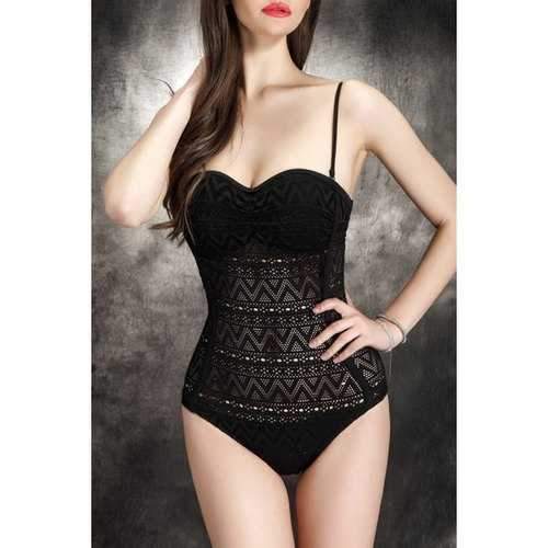 Women's Sexy Spaghetti Strap Geometrical One Piece Black Swimwear - Black S