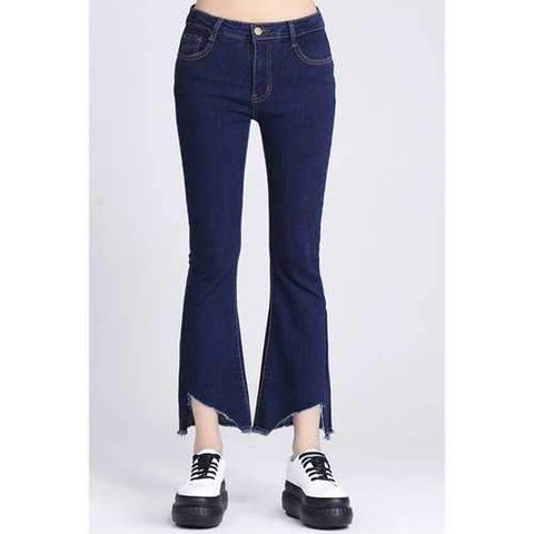 Chic Mid-Waist Solid Color Asymmetrical Jeans For Women - Deep Blue M