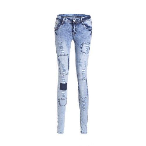 Stylish Low Waist Slimming Spliced Ripped Jeans For Women - Blue 3xl