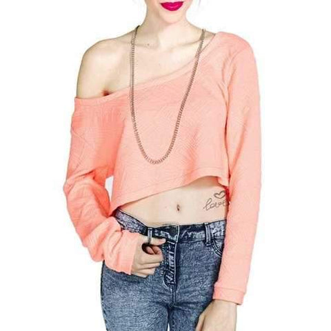 Cute Slash Neck Pink Long Sleeve Crop Top For Women - Pink S