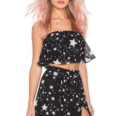 Chic Strapless Stars Print Crop Top For Women - Black M