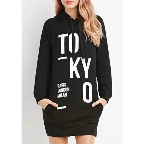 Casual Hooded Letter Print Long Sleeve Long Hoodie For Women - Black M