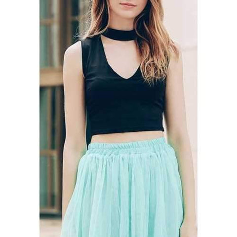 Trendy Stand-Up Collar Sleeveless Solid Colour Hollow Out Crop Top For Women - Black M