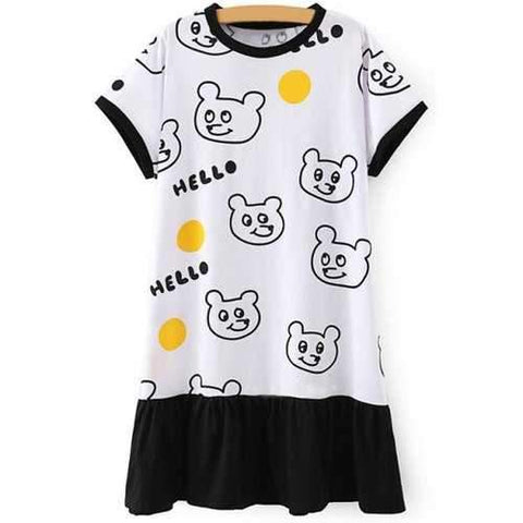 Sweet Round Neck Short Sleeve Bear Pattern Women's Dress - White And Black M