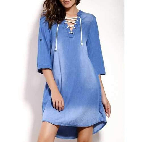 V-Neck Lace Up Sleeve Denim Tunic Dress - Blue M