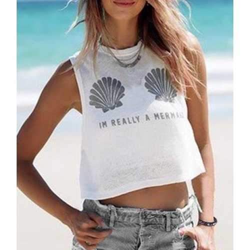 Casual Style Jewel Neck Sleeveless Printed Letter Crop Top For Women - White S