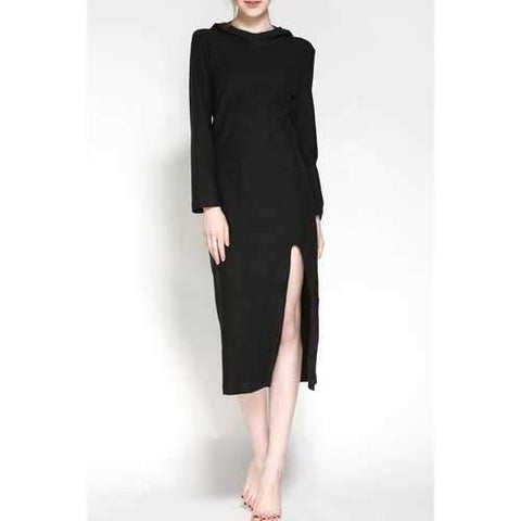 Casual Long Sleeve Slit Hooded Dress For Women - Black Xl